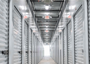 Silver self storage hallways with silver doors