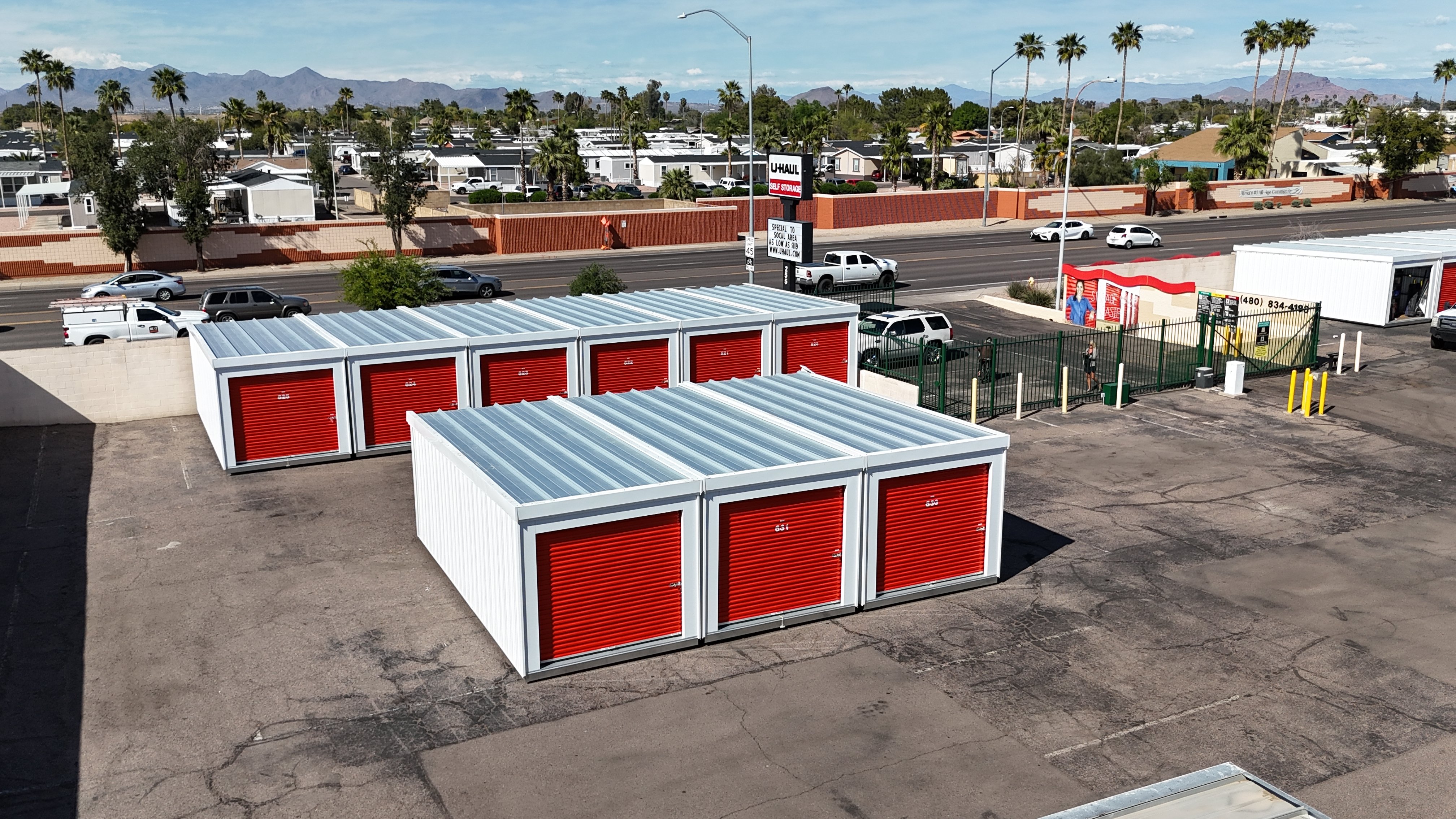 portable storage units in a parking lot