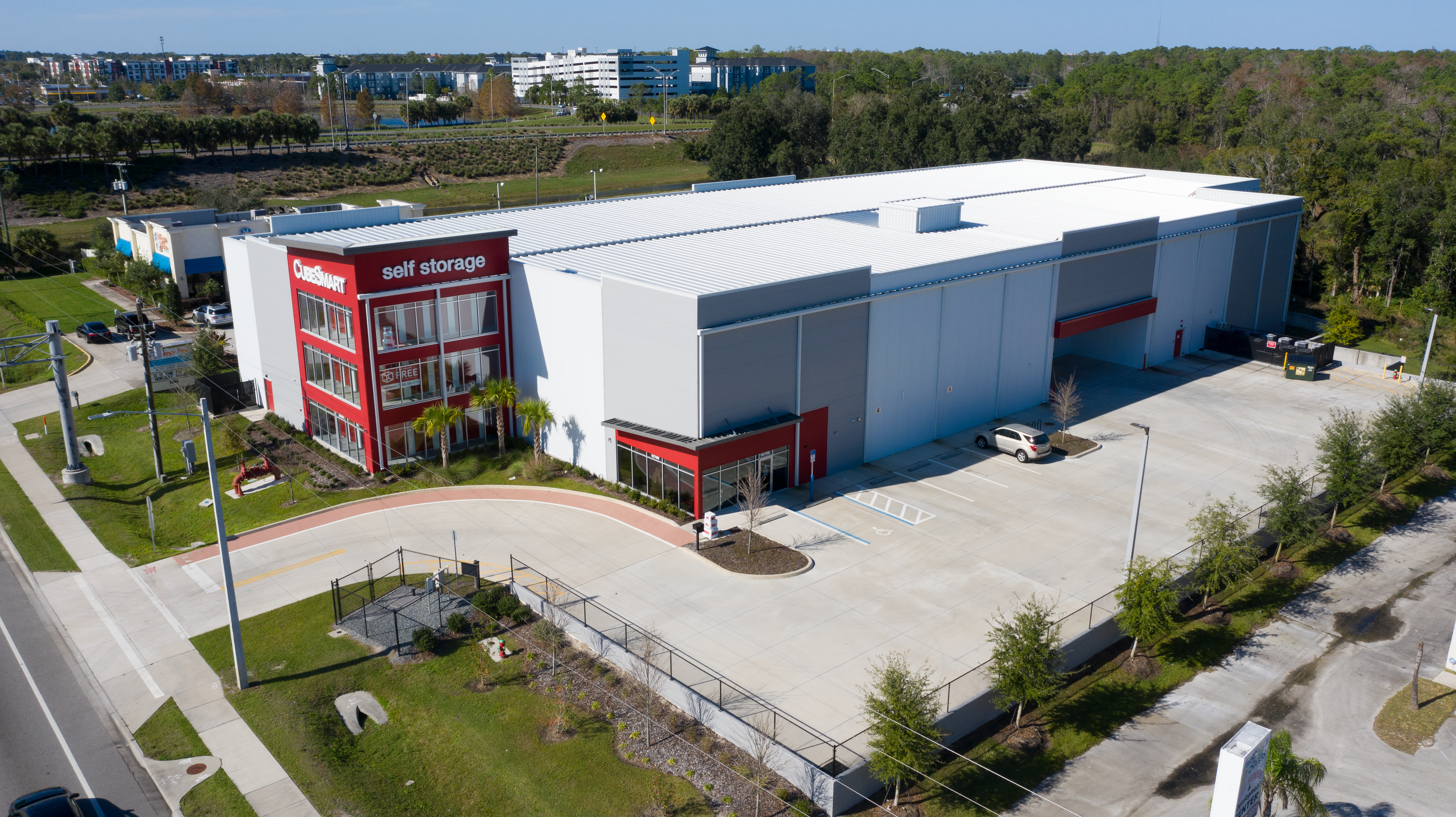 Aerial view of a multi-story self storage facility