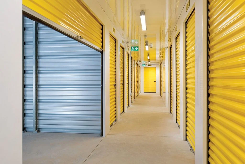 Yellow self storage climate controlled hallway system