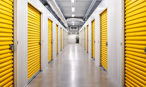 Interior corridor of a climate-controlled self storage facility with insulated walls and bright roll-up doors.