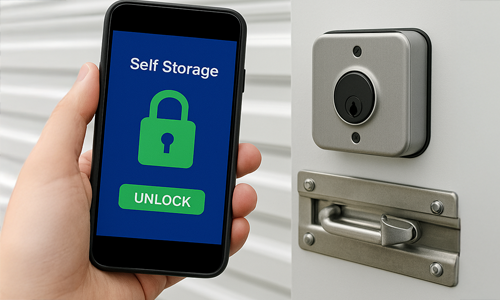 Hand holding a smartphone to unlock a smart lock on a self storage unit door.