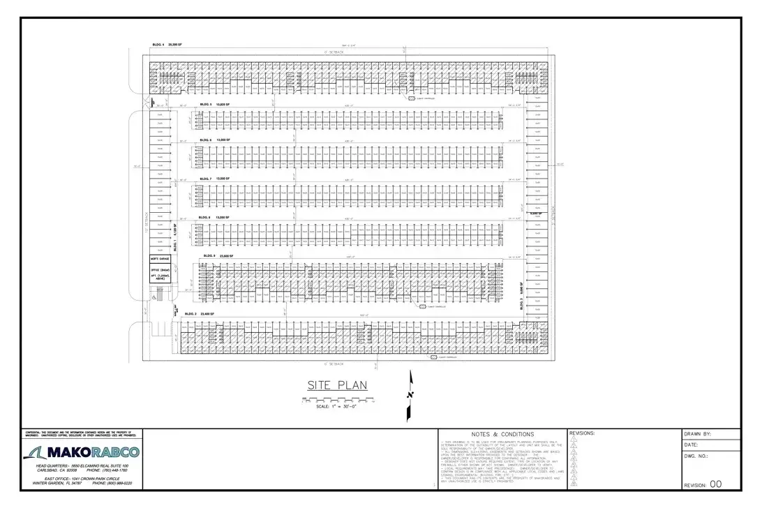 Detailed self-storage site plan layout showing building rows, drive aisles, and unit distribution designed by MakoRabco.