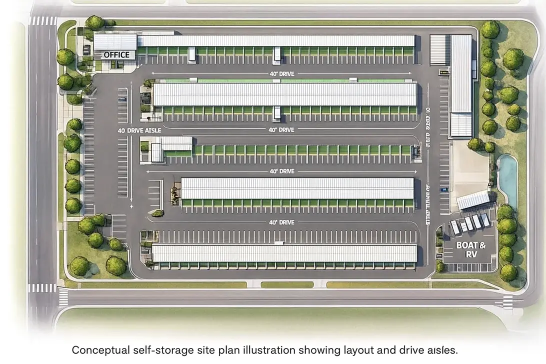 Detailed conceptual self-storage site plan showing building rows, drive aisles, office location, and traffic flow arrows.