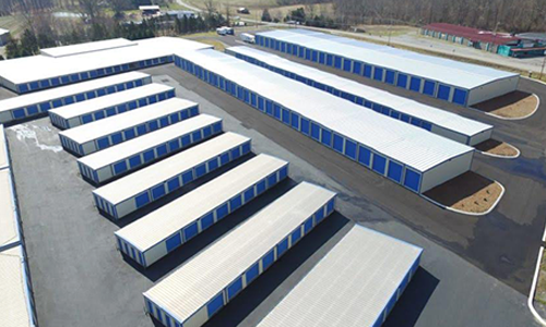 Aerial view of a professionally engineered single-story self storage facility with multiple building layouts.